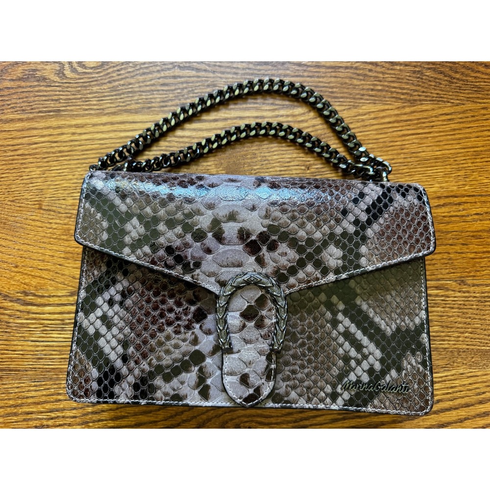 Marina Galanti Faux Snakeskin Chain Crossbody Bag Brown Grey Horseshoe Buckle